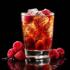 Cocktail drink with raspberries and ice