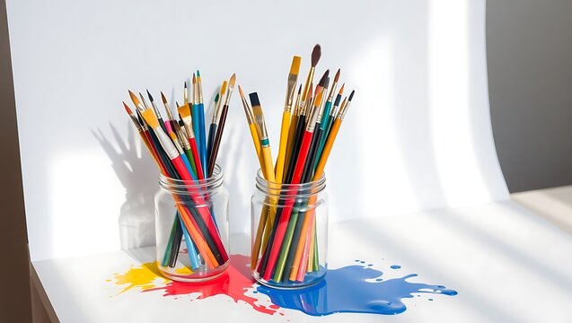 Collection of colorful paintbrushes in jars with paint splatters