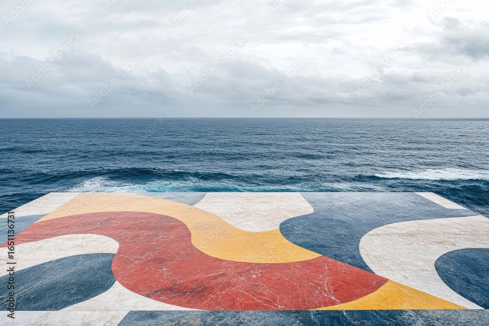 Wall mural open ocean view from a deck with colorful abstract design on a cloudy day at sea.