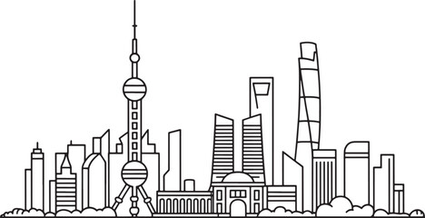 Obraz premium Shanghai Skyline Silhouette Vector Illustration with Oriental Pearl Tower Landmark Design
