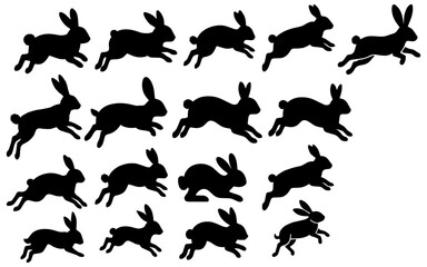 Set of Silhouettes of Running Rabbits