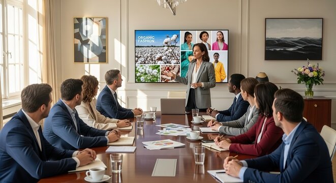 Business Presentation: Woman Presenting Organic Fashion to Diverse Team in Conference Room