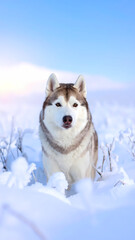 Naklejka premium Happy siberian husky dog posing for portrait in deep winter snow. This beautiful outdoor pet animal enjoys cold on sunny day