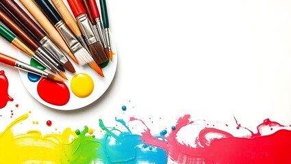 Fototapeta premium Art supplies including paintbrushes and a palette with colorful paint splatters