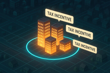Tax incentive concept with glowing buildings in highlighted urban area at night