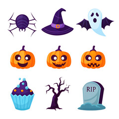 Fototapeta premium Festive halloween icons collection featuring pumpkins ghosts bats and spooky elements on orange background