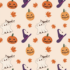 A Halloween themed pattern with ghosts, pumpkins, and a witch's hat. pattern, vector illustration
