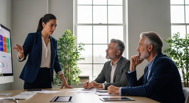 Businesswoman Presenting Data to Colleagues in Meeting Room - Powered by Adobe