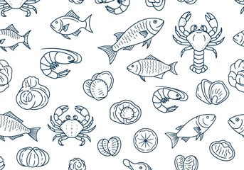 Seamless pattern with seafood: fish, shrimp, lobster, crab, oyster, shellfish.