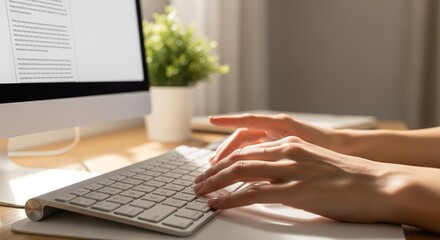 Close-up of hands typing on modern computer keyboard at a desk with monitor and plant, focusing on work.