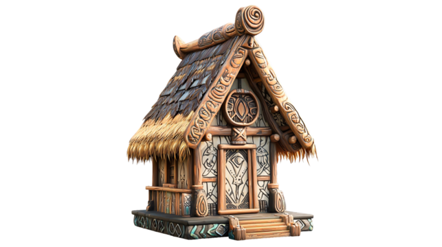 PNG 3d model of a wooden hut with a clock on a transparent background