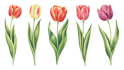 Fototapeta premium Beautiful Spring Tulips Botanical Illustration Collection of Flowers in Various Colors, transparent background