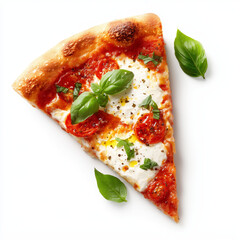Slice of pizza Margherita with Tomato sauce, fresh mozzarella, basil ans olive oil on white background