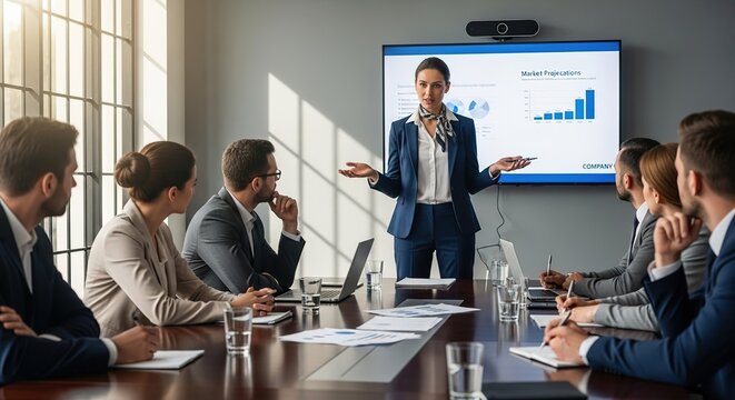Confident businesswoman presenting market projections on a screen to colleagues in a modern boardroom.