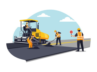 Road Construction: An illustration of road construction, featuring asphalt laying and workers at work, with attention to details and vibrant colours.