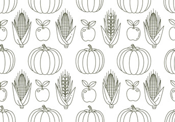 Autumn harvest seamless pattern with line art pumpkins, corn, apples, and wheat on a white background.