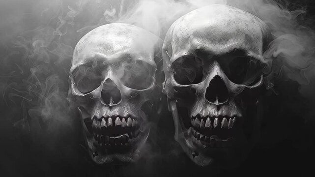 Mystical encounter with two skulls shrouded in fog revealing an eerie atmosphere of the unknown