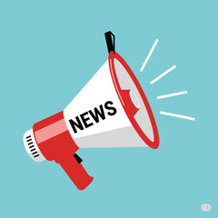 Modern color megaphone icon featuring the word &ldquo;NEWS&rdquo; inside a white banner on a blue background. Perfect for breaking news graphics, media announcements, social media posts, communication icons, 