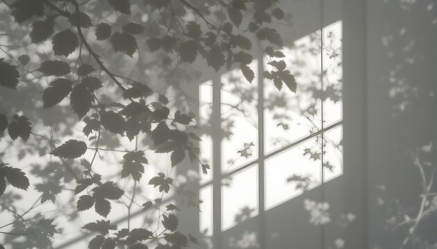 Effets d'ombre r&eacute;alistes des feuilles d'arbre abstraites et naturelles ainsi que l'ombre d'une fen&ecirc;tre sur un mur blanc, ensoleillement estival et effet d'ombre superpos&eacute;, ombre pour fond de studio ph
