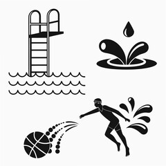 Collection of stylized black and white icons representing aquatic activities including a diving board water splashes and a swimmer playing with a basketball