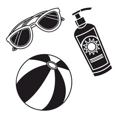 Illustration of beach essentials including sunglasses a striped beach ball and a bottle of sunscreen with a sun logo on a white background