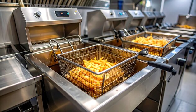 Golden French Fries Frying with Kitchen.