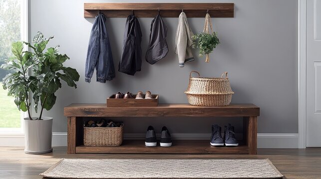 Rustic entryway bench with coat rack and storage