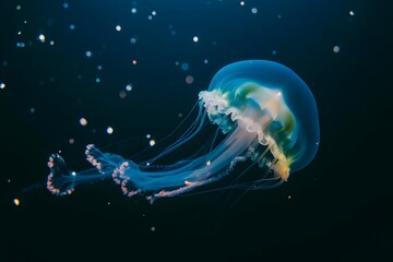Naklejka premium Bioluminescent jellyfish with tentacles floating in dark ocean water
