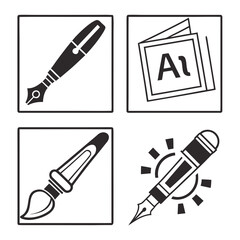 Four simple black and white graphic icons representing creative tools including a fountain pen a brochure with the letter a a paintbrush and a glowing fountain pen symbolizing inspiration