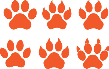 Fototapeta premium Paw Vector trail of animal. Dog, cat, puppy, fox, wolf tracks isolated on white background. Animal tracks in silhouette. Wild animal footsteps.