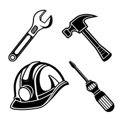 A collection of essential construction and repair tools including a hard hat adjustable wrench hammer and screwdriver presented in a clean black and white graphic style