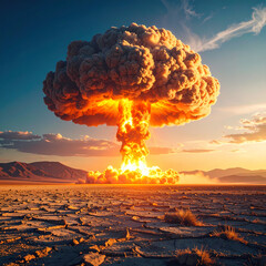 Nuclear explosion over dry landscape sunset