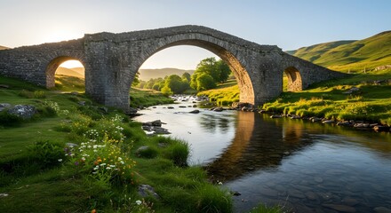 Fototapeta premium Picturesque Stone Arch Bridge: The sun casts a golden glow on an ancient stone arch bridge, gracefully spanning a clear river, reflecting in the calm waters, evoking a sense of history and serenity. 