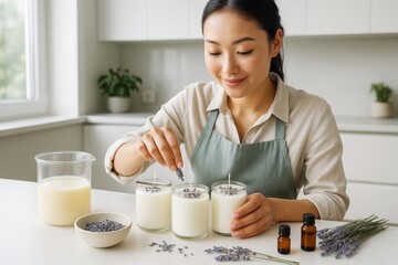 Young woman making handmade lavender candles with essential oils, enjoying creative hobby in bright kitchen background. Ai generative. Ai generative