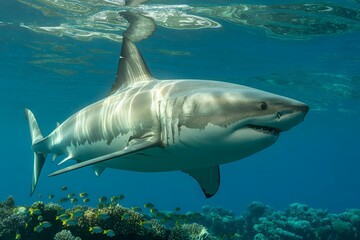 Majestic great white shark swimming gracefully underwater
