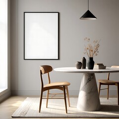 Elegant Dining Room with Modern Decor and Empty Frame Ready for Art Inspiration or Personalization