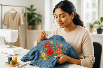 Woman doing floral embroidery on denim jacket in bright creative studio, enjoying relaxing hobby and leisure activity on a peaceful day. Ai generative