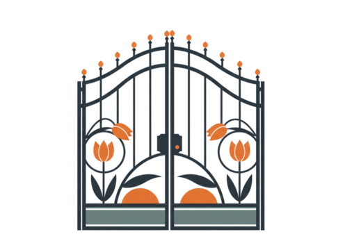 Ornate wrought iron garden gate adorned with vibrant red tulip motifs and decorative scrollwork transparent background