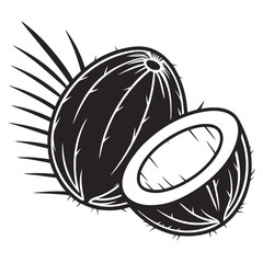 Illustration of a whole coconut and a half, isolated on white background, showcasing its texture and shape, perfect for designs related to tropical themes