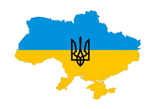 Bold Ukraine map outline with national flag colors and prominent Tryzub symbol