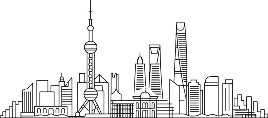Shanghai Cityscape Outline Vector Graphic with Iconic Buildings and Modern Architecture