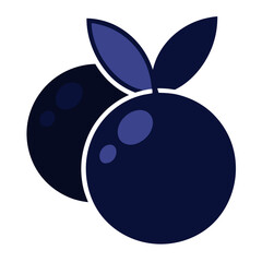 A simple minimalist illustration of two dark blue blueberries with lighter blue highlights and two dark blue leaves on a white background