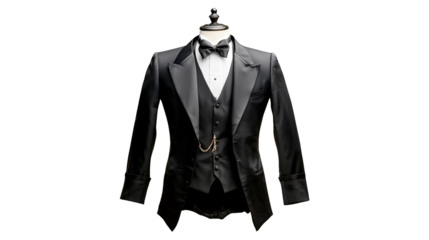 PNG a tuxedo with a black jacket and bow tie on a transparent background