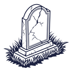 Cracked tombstone with grass isolated on white background, a somber symbol of death and remembrance, perfect for historical or memorial designs with a vintage touch