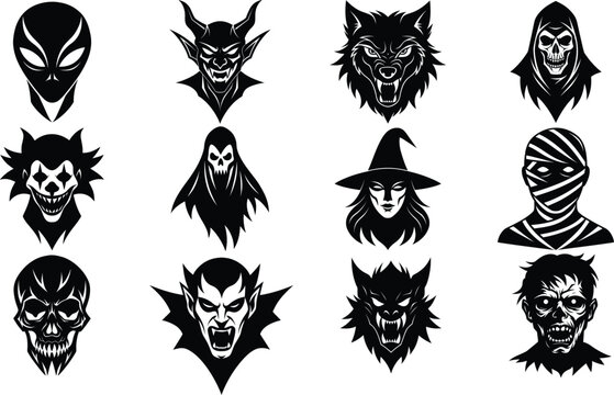 Scary face silhouettes set collection. Skull face, zombine face, vampire, witch, demon, ghost, monster, werewolf, Scary clown, mummy, grim reaper, alien face, pumpkin face. Vector illust