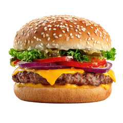 Delicious Cheeseburger with Sesame Seed Bun Lettuce Tomato Onion and Pickles hamburger fast food, Isolated On White, Png Transparent, Cut Out