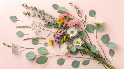 A delicate arrangement of wildflowers and eucalyptus branches on a soft pink background