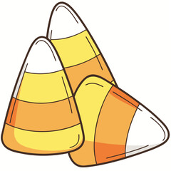 Two pieces of candy corn, a popular halloween treat, are arranged in a pile, featuring orange, yellow, and white stripes isolated on white background