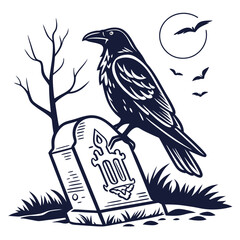 A black and white vector illustration of a raven perched on a tombstone with a moon and bats in the background, isolated on white background, evoking a sense of gothic horror