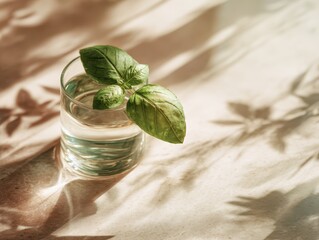 Fresh green basil leaves in a transparent glass of water on a light textured surface with shadow play